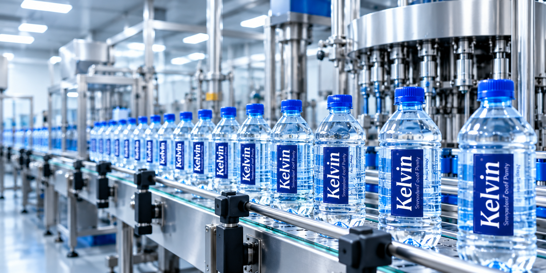 Illustrative visual of Kelvin labelled packaged water bottles on a modern bottling conveyor