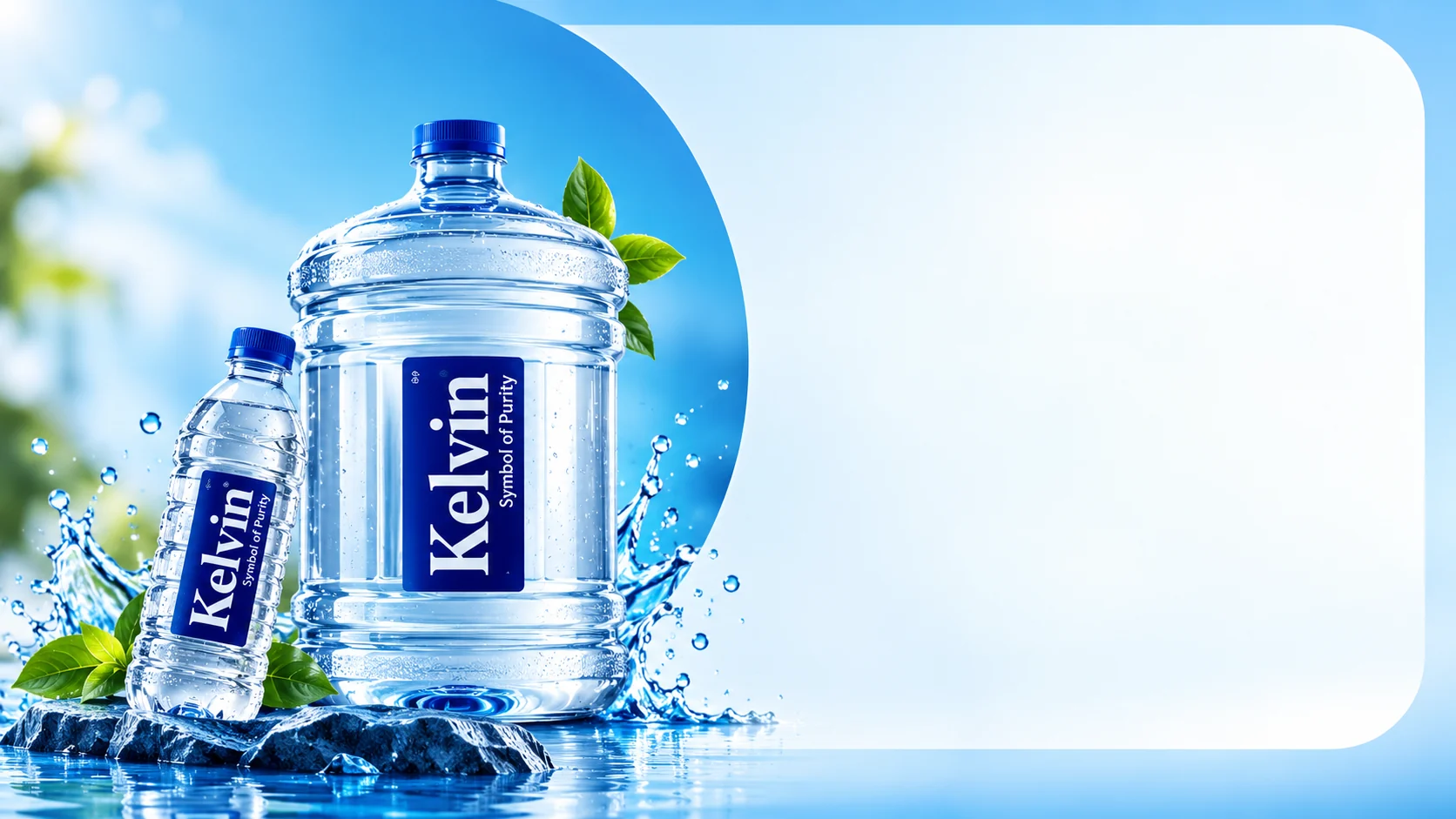 Illustrative Kelvin packaged drinking water bottle and water jar